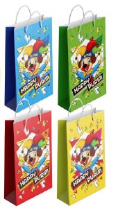 Picture of Purim Bags Rope Handles Small Size Clown Design 4 Pack Assorted Colors